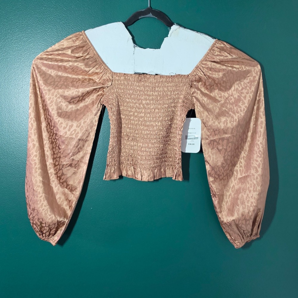 DressUp Taupe Leopard Smocked Puff Sleeve Crop Top T61781-01 Womens Small NWT